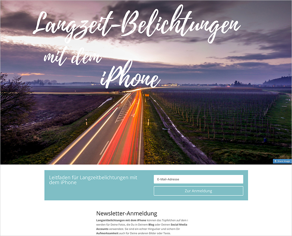 Newsletter-Start: Wenig Ablenkung, ein Ziel, mit einer perfekten Landingpage.